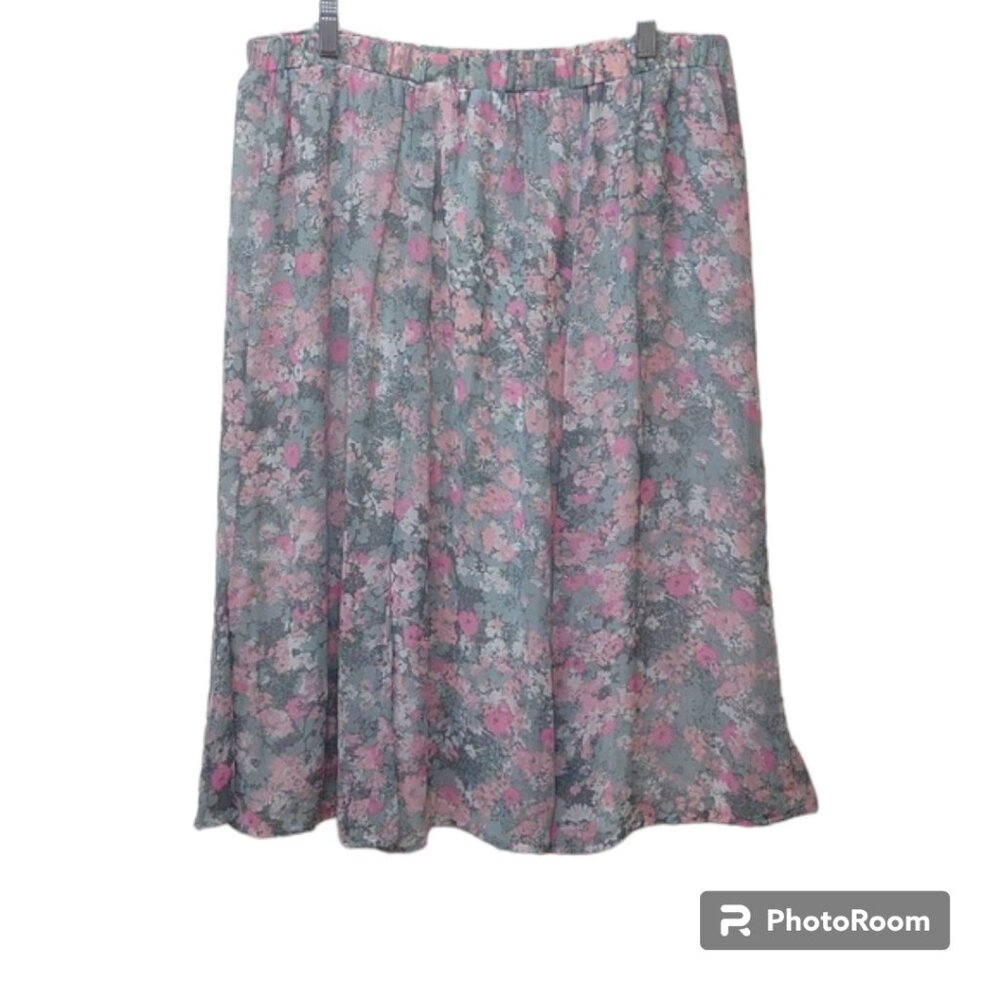 BonWorth Pink Gray Floral A-line Fully Lined Flutter Pull-On Elastic Waist Skirt